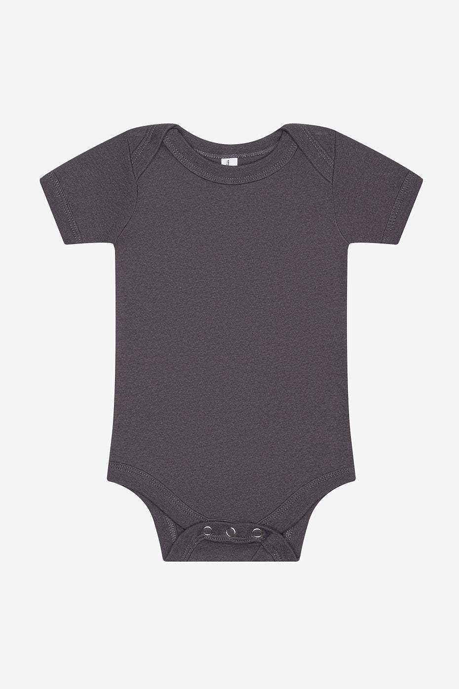 Infant jersey short sleeve one piece bodysuit in dark gray with envelope neckline and snap leg closure