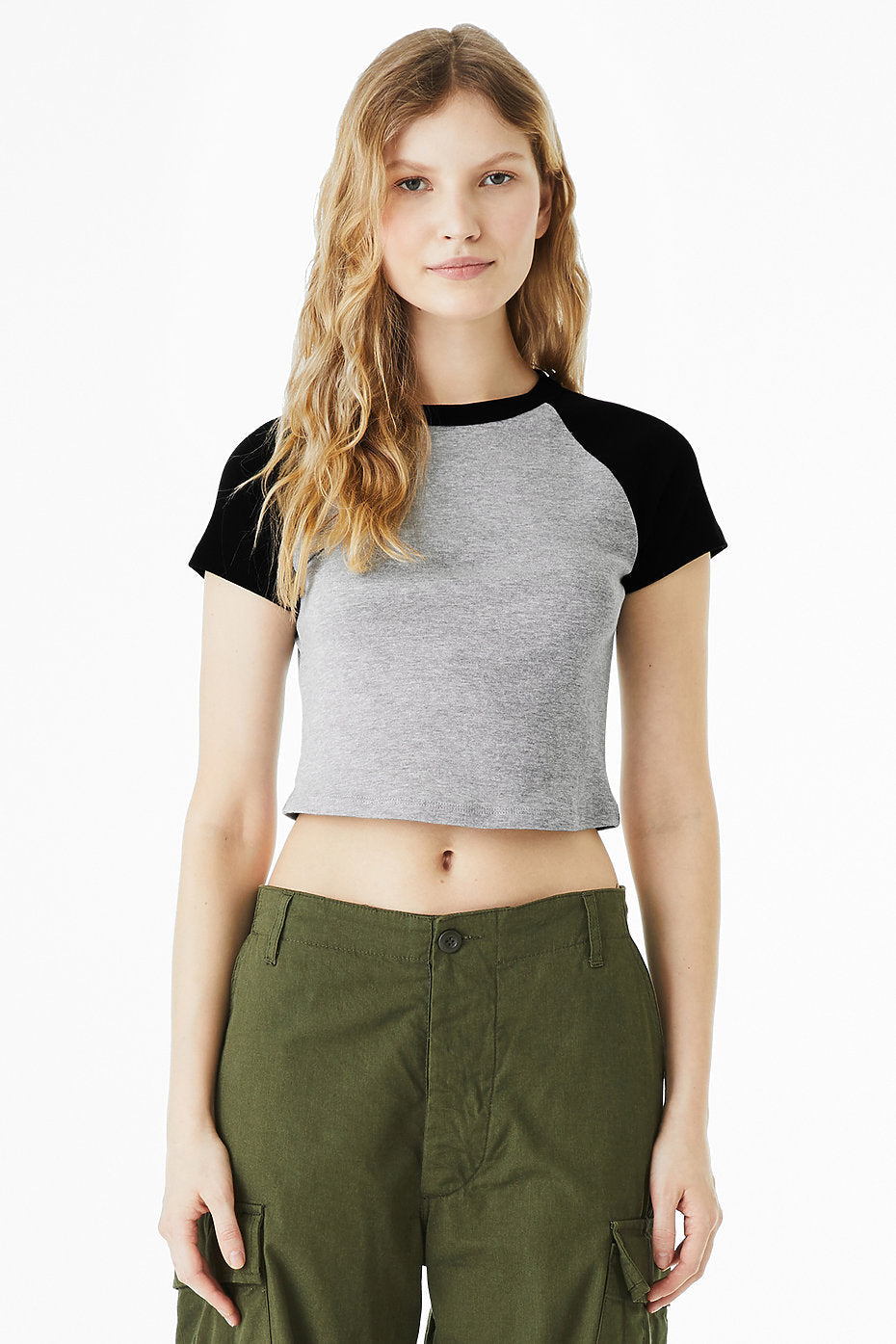Women's Micro Rib Raglan Baby Tee in grey and black with cap sleeves and fitted silhouette