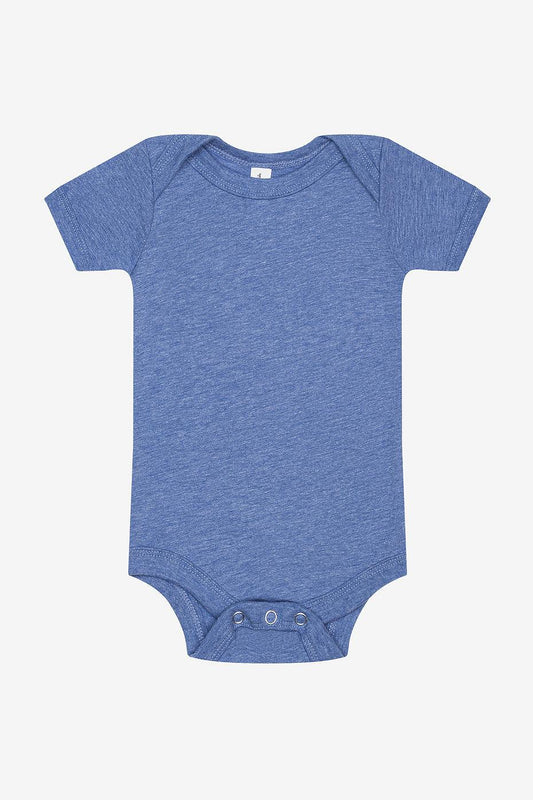 Infant Triblend short sleeve one piece baby onesie in blue with envelope neckline and snap leg closure