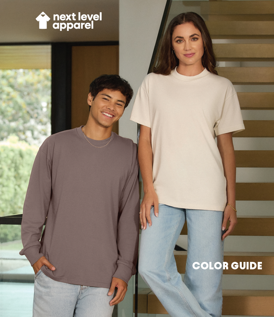NEXT LEVEL APPAREL COLOR CARD showing male and female models in casual tees and jeans as a color guide reference