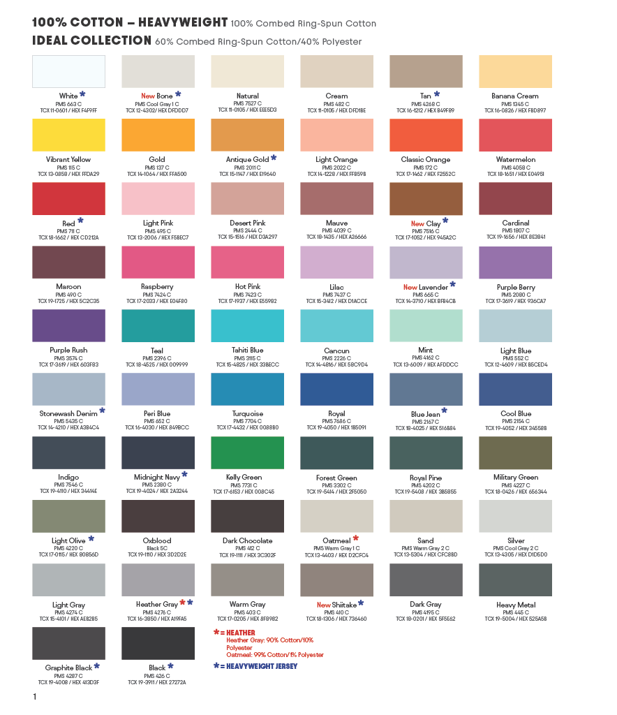 NEXT LEVEL APPAREL COLOR CARD