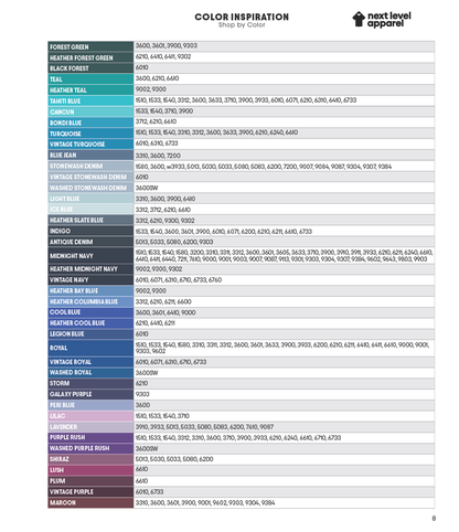 NEXT LEVEL APPAREL COLOR CARD