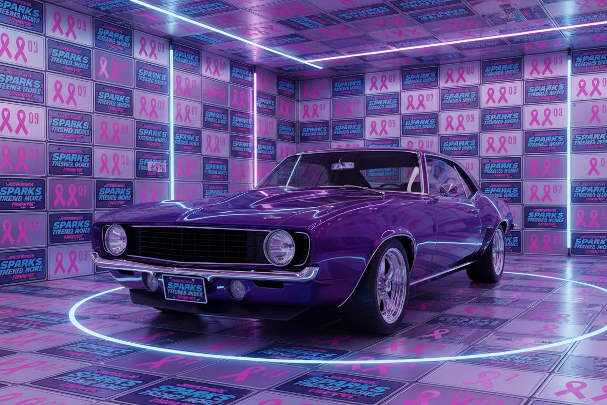 1969 Chevrolet Camaro in Crazy Plum Purple color with license plates that read Sparks Trendz n More in electric blue hot pink and white, on the car and all over the space, including breast cancer awareness ribbon license plates on the wall and floor
