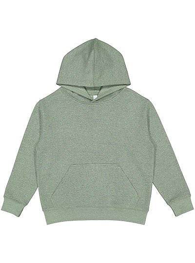 Youth Pullover Fleece Hoodie in green with ribbed cuffs and front pouch pocket, unisex fit