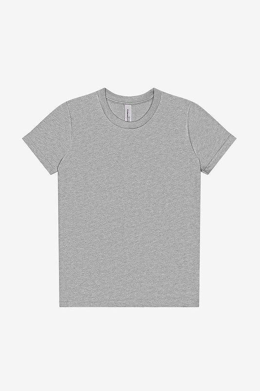 Youth Heather CVC short sleeve tee in gray, crew neck, cotton-poly blend, unisex fit by Bella+Canvas
