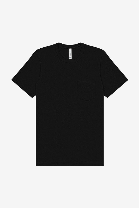 Black men's jersey short sleeve tee with left chest pocket and crew neck by Bella+Canvas