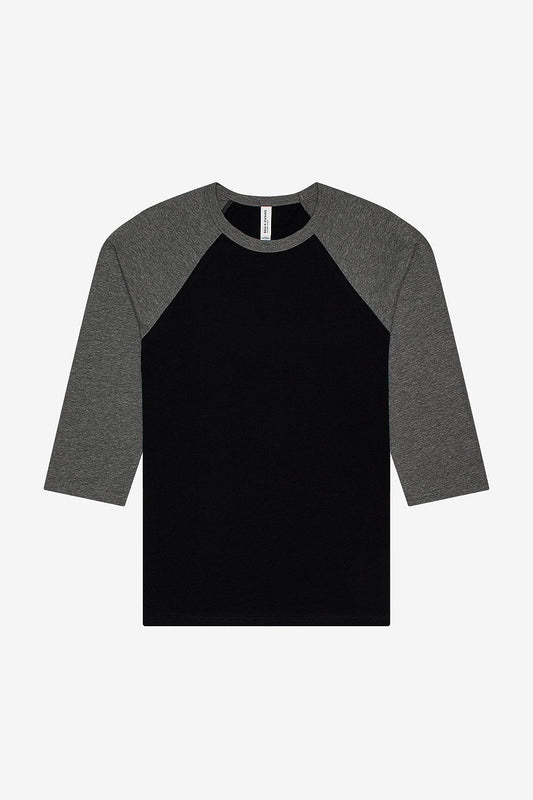 Unisex 3/4 sleeve baseball tee with black body and dark gray raglan sleeves, crew neck with contrast trim, cotton-poly blend, modern fit