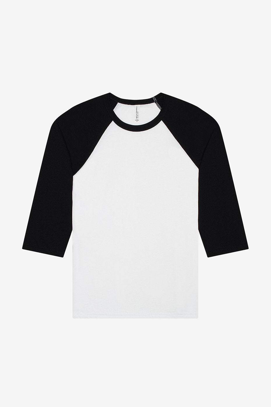 Youth 3/4 sleeve baseball tee with black raglan sleeves and white body, Bella+Canvas 3200Y