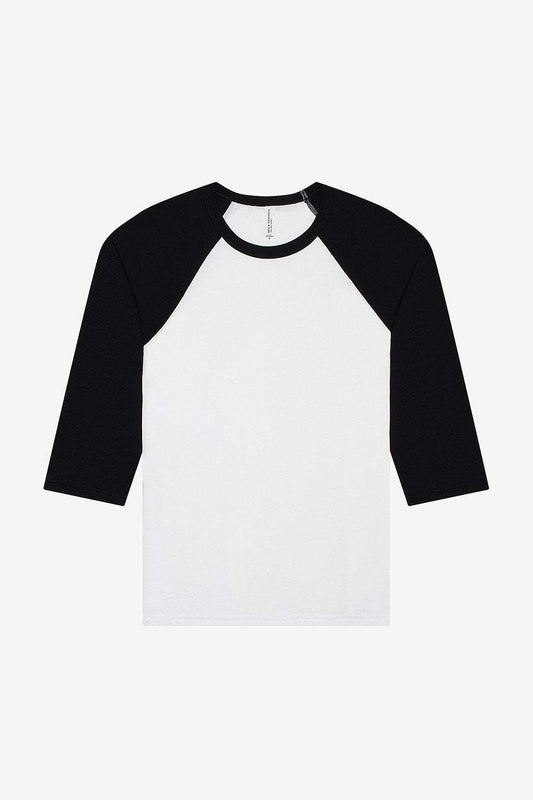 Youth 3/4 sleeve baseball tee with black raglan sleeves and white body, Bella+Canvas 3200Y