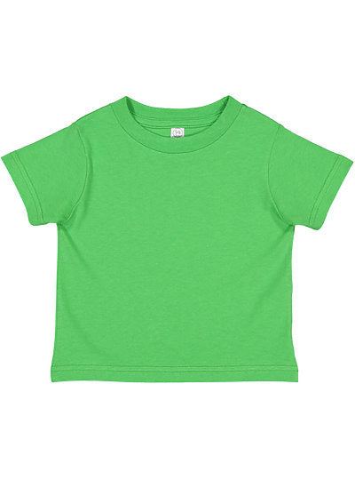 Green toddler cotton jersey tee by Rabbit Skins, soft 100% cotton, sizes 2-4.