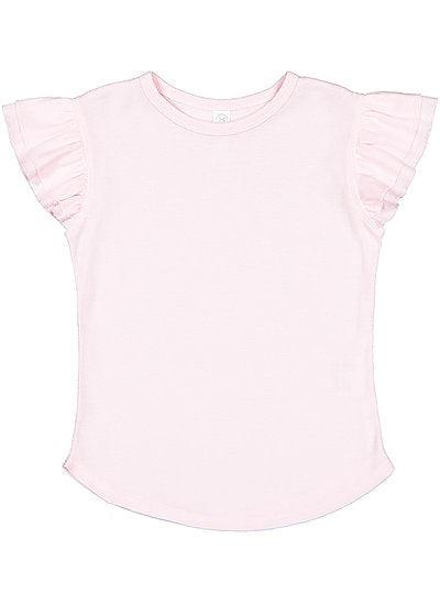 Toddler girls flutter sleeve tee in soft pink with double layered flutter sleeves and curved hem