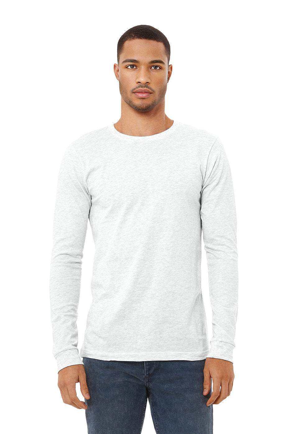 Unisex Jersey Long Sleeve Tee Bella+Canvas 3501 in light gray worn by male model
