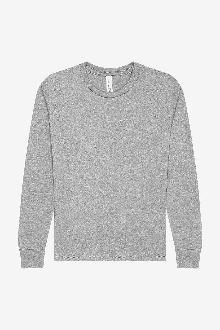 Youth Heather CVC Long-Sleeve Tee in heather gray with ribbed cuffs and classic crew neck, made from soft Airlume cotton blend.
