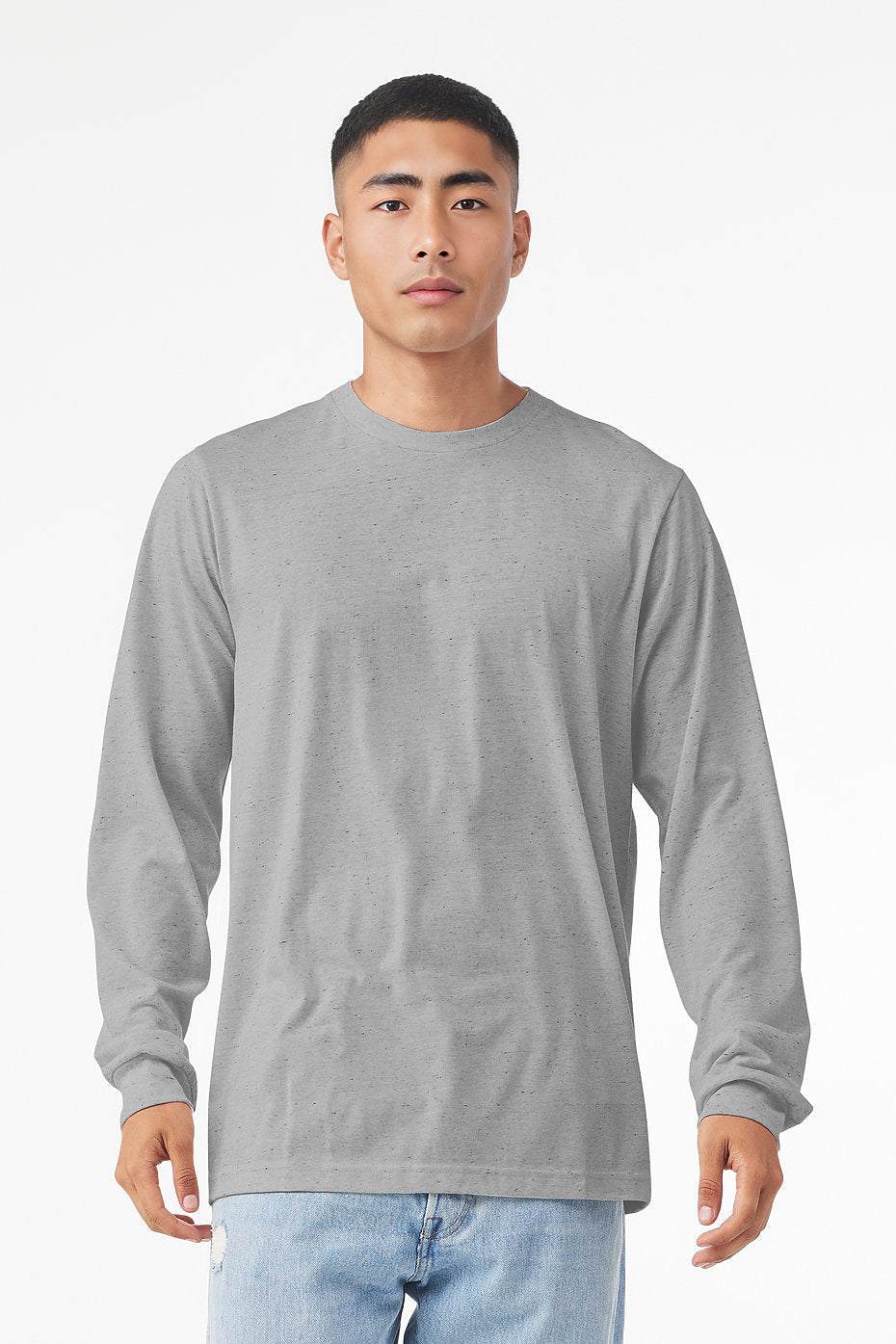 Unisex heather CVC long sleeve tee by Bella+Canvas in gray with crew neck and ribbed cuffs