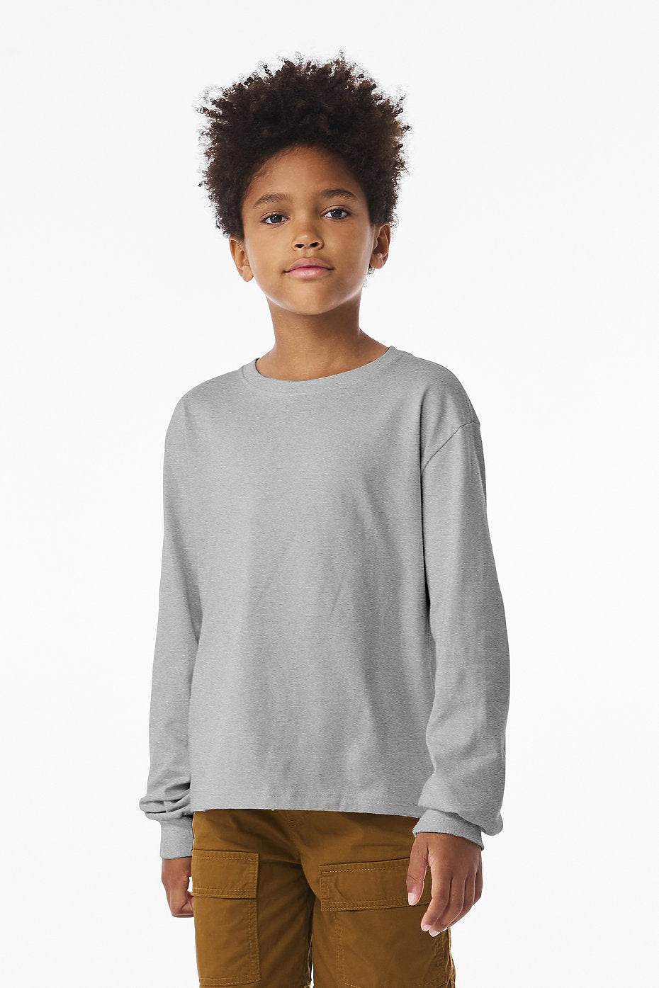 Youth wearing grey heavyweight long sleeve tee with relaxed fit and semi-dropped shoulders