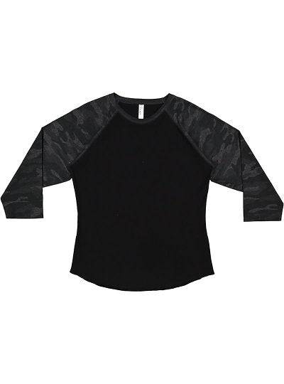 Women's Baseball Tee LAT 3530 black raglan athletic top with camo 3/4 sleeves and shirttail hem