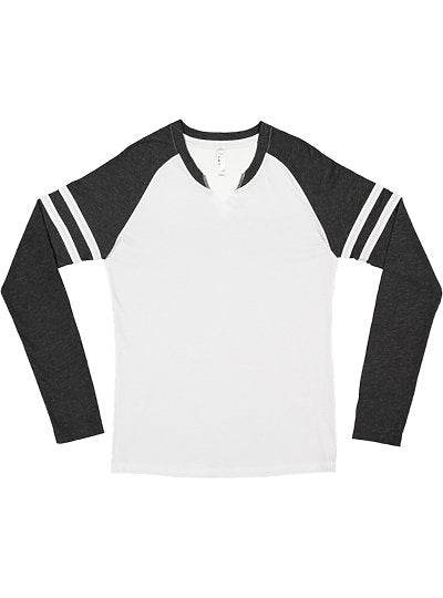 Women's Gameday Mashup long sleeve v-notch tee with contrast sleeve stripes and semi-fitted cut