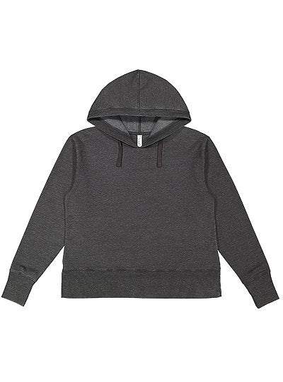 Women's relaxed fit vintage wash hoodie in dark gray with drop tail hem and side vents