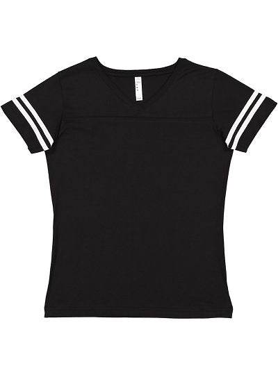Black women's V-neck football tee with white sleeve stripes and semi-fitted cut