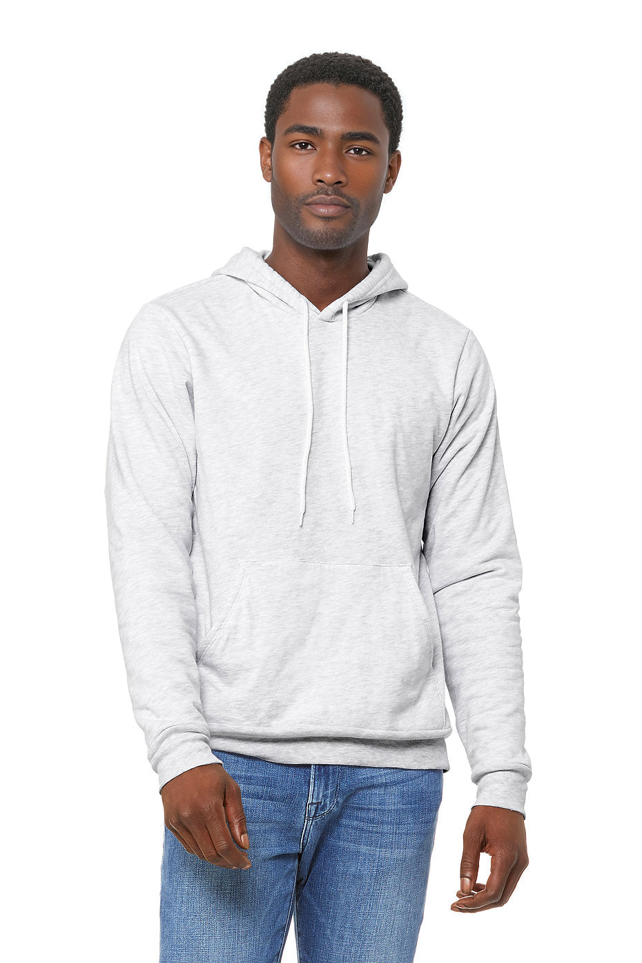 Unisex Sponge Fleece Pullover Hoodie in light gray with white drawstrings and kangaroo pocket