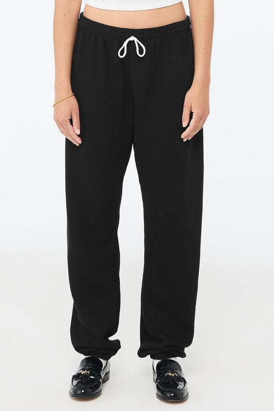 Black unisex sponge fleece long scrunch pant with drawstring waist and retail fit