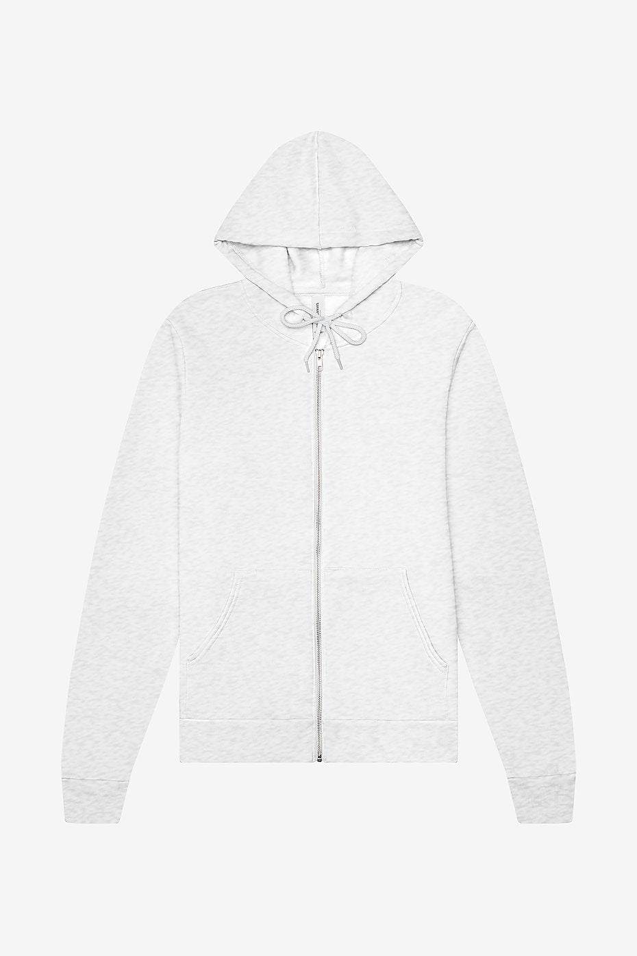 Unisex sponge fleece full-zip hoodie in light grey with hood and white drawstrings