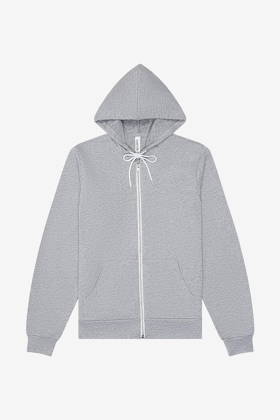 Unisex sponge fleece full-zip hoodie in light gray with white drawstrings and ribbed cuffs