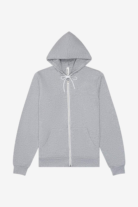 Unisex sponge fleece full-zip hoodie in light gray with white drawstrings and ribbed cuffs