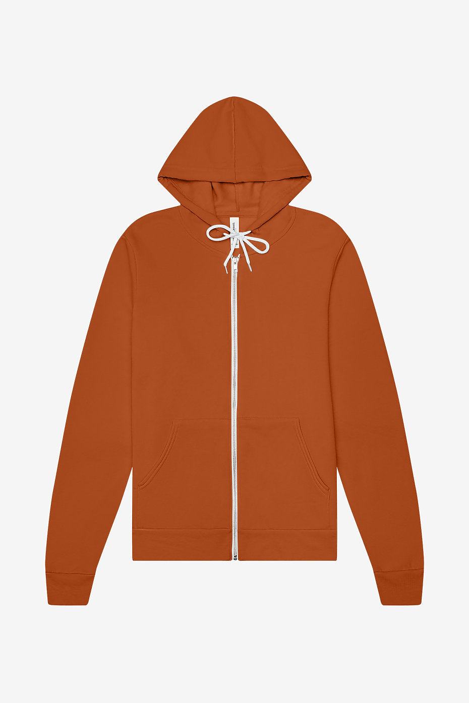 Unisex sponge fleece full-zip hoodie with hood, white drawstrings, ribbed cuffs, and kangaroo pockets in rust color
