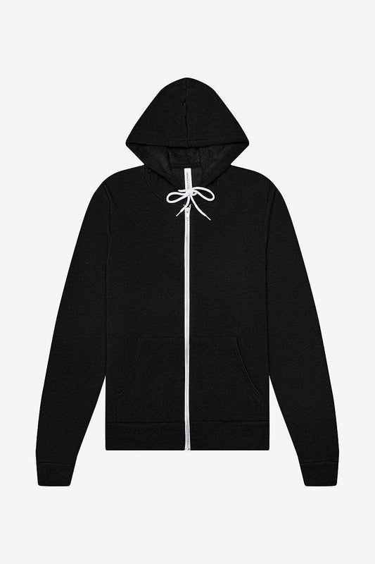 Black unisex sponge fleece full-zip hoodie with white drawstrings and ribbed cuffs.