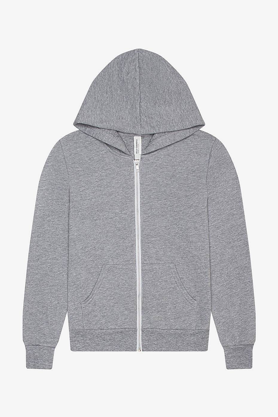 Youth fleece sponge full-zip hoodie in heather gray with kangaroo pockets and ribbed cuffs