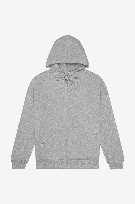 Unisex sponge fleece full zip hoodie in athletic heather gray with kangaroo pocket and drawstring hood