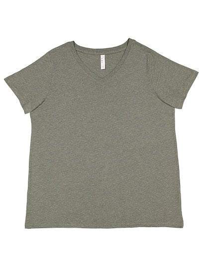 Women's Curvy V-neck fine jersey tee in heather gray with ribbed collar and side seam construction