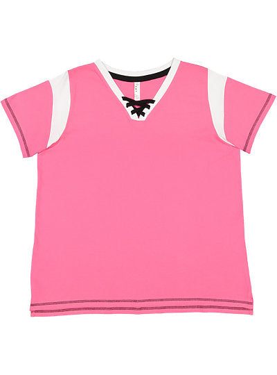 Women's Curvy Gameday Lace-up pink short sleeve tee with white shoulder accents and black lace-up neckline