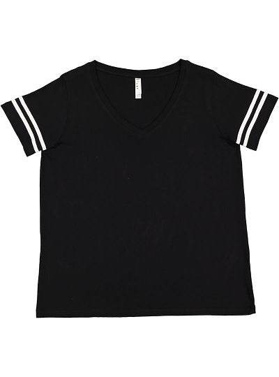 Black Women's Curvy Football Tee with white sleeve stripes and V-neck collar