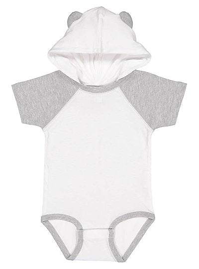 Infant hooded bodysuit with gray raglan sleeves and bear ears on hood made of soft cotton jersey