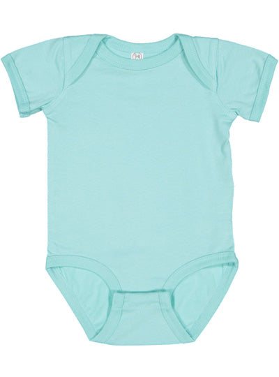 Light blue infant fine jersey bodysuit with lap shoulders and three snap closure