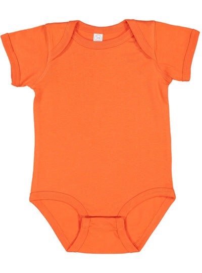 Orange infant fine jersey bodysuit with lap shoulder design and three snap closure