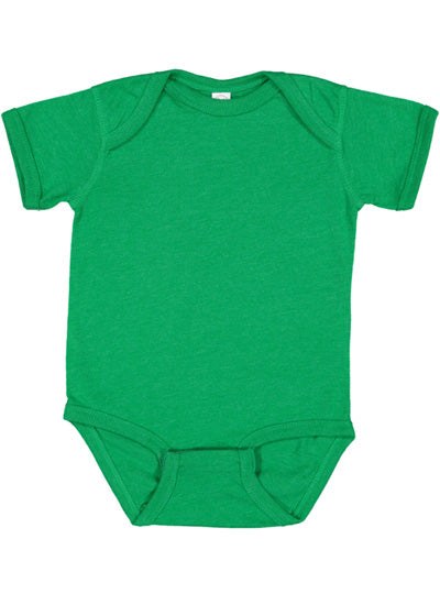 green infant bodysuit with lap shoulder design and snap closure