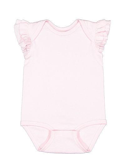 Infant Flutter Sleeve Bodysuit pink soft cotton with ruffled sleeves and snap closure