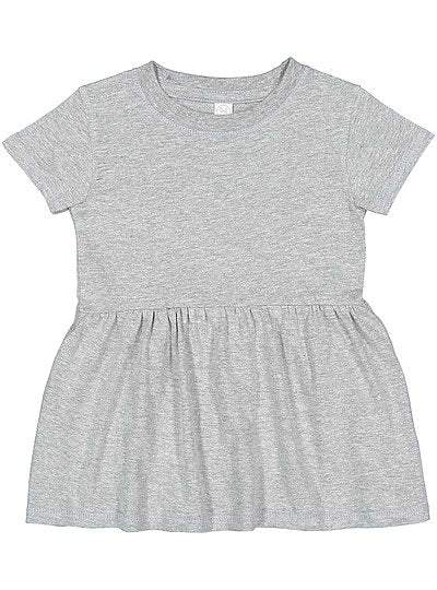 Infant fine jersey dress in soft gray cotton with short sleeves and gathered skirt hem