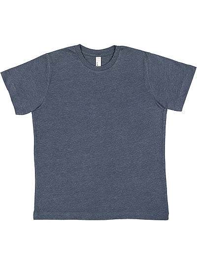 Youth Fine Jersey Tee in vintage denim color for kids, soft combed ringspun cotton, classic crew neck design.