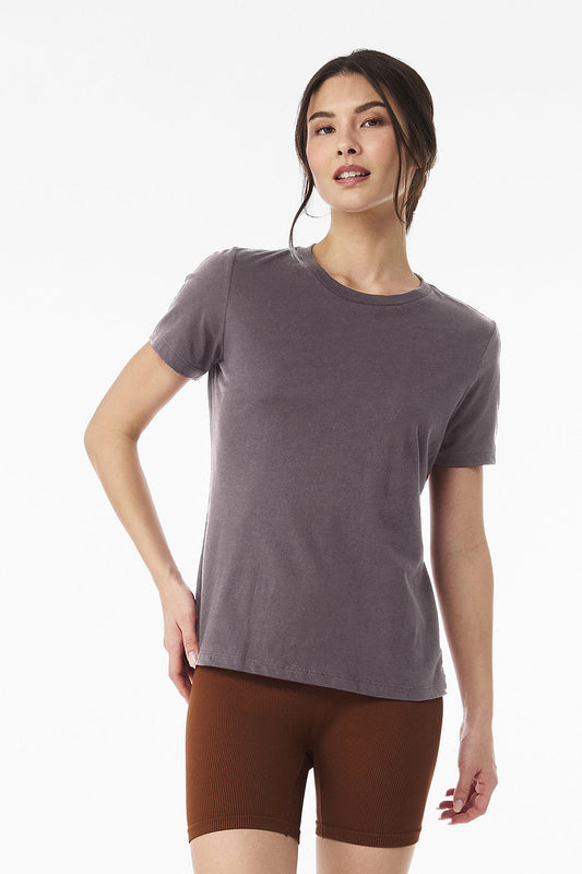 Woman wearing Women's Relaxed Jersey short sleeve tee and brown shorts