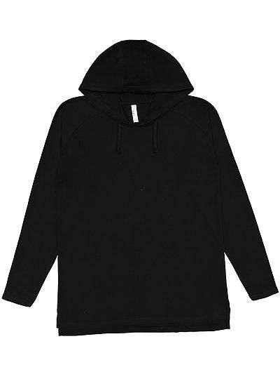 Unisex long sleeve raglan hoodie tee in black with contrast hood and drawcords