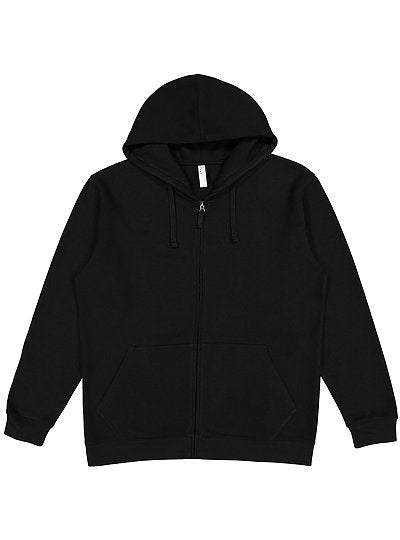 Unisex full zip black fleece hoodie with jersey-lined hood and concealed YKK zipper