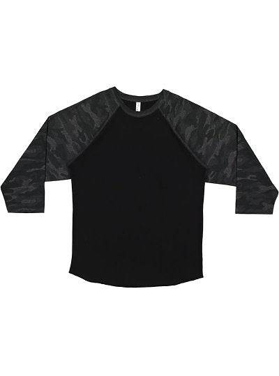 Unisex baseball tee with raglan camo sleeves and black body in breathable cotton blend