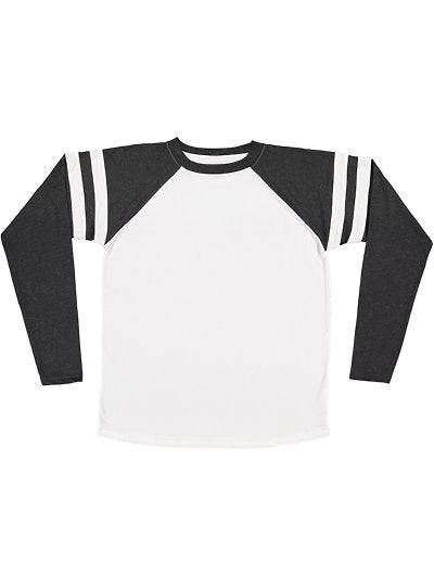 Unisex Gameday Mashup long sleeve tee with contrast sleeve stripes and self-fabric collar binding in white and dark gray