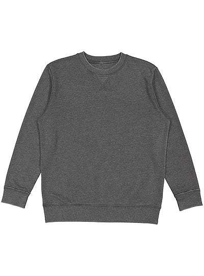 Unisex crew neck vintage wash fleece sweatshirt in dark gray with ribbed cuffs and waistband