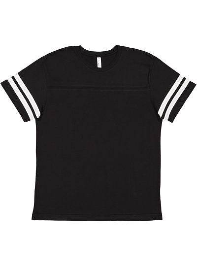 Unisex football tee black with white sleeve stripes and coverstitched yoke in combed ringspun cotton