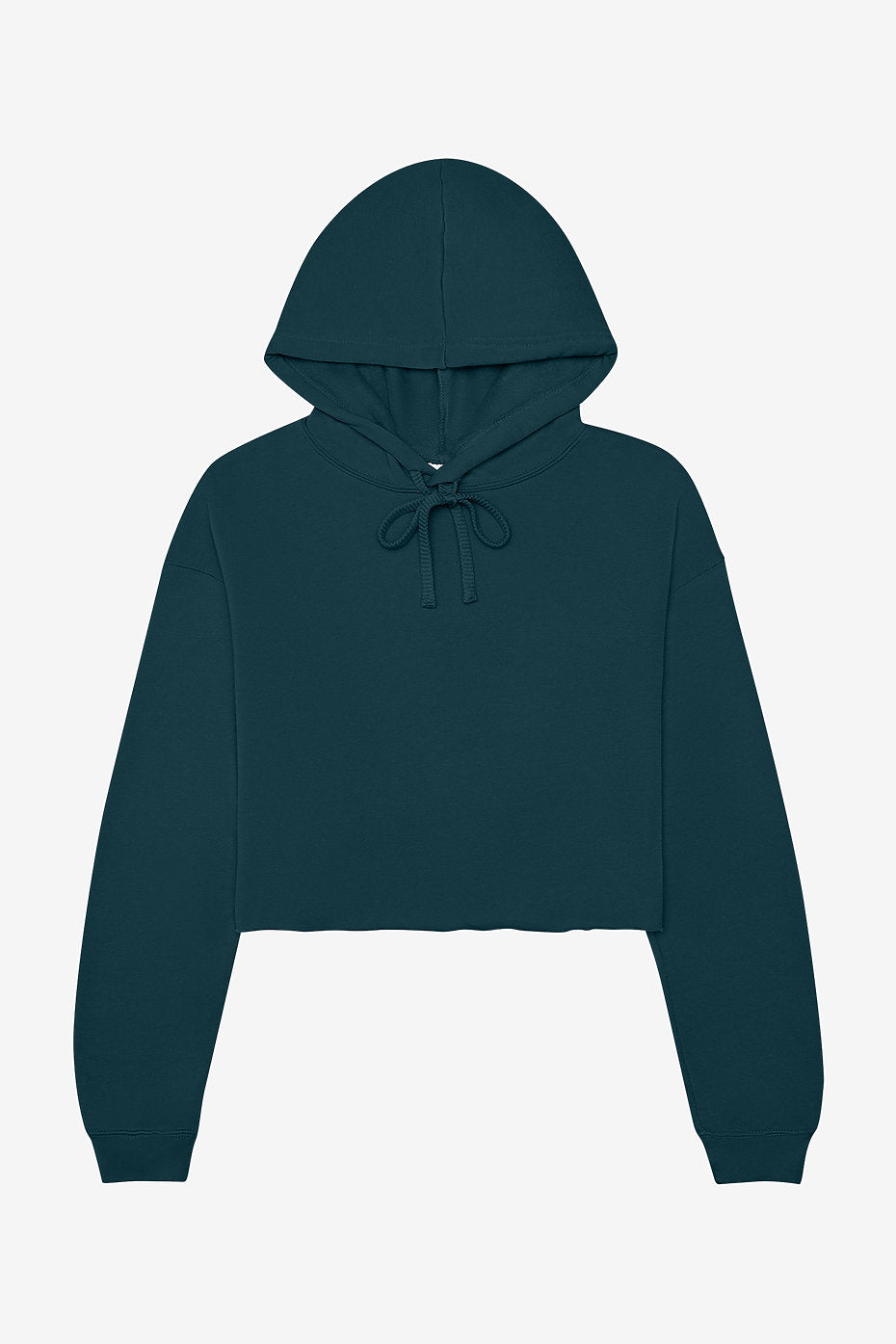 Women's cropped fleece hoodie with raw edge and dyed-to-match drawstrings in dark teal.